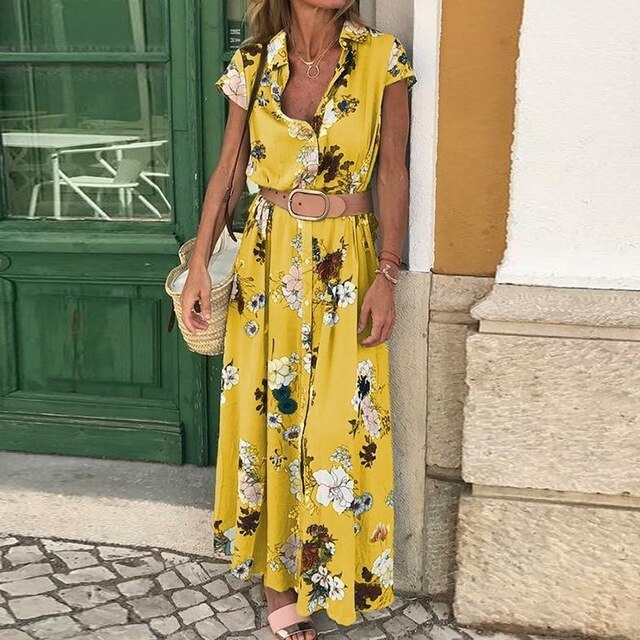 Women's Summer Bohemian Maxi Dress Turn Down Collar Short Sleeve Button Down Yellow Floral Print V-neck Sexy Beach Dresses - LiveTrendsX