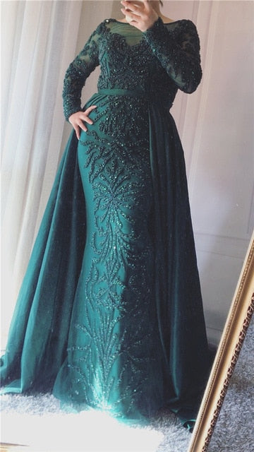 Luxury Pink  Mermaid  Evening Dresses Emeradald  Green Train Long Sleeves Beading Crystal Evening Gown - LiveTrendsX