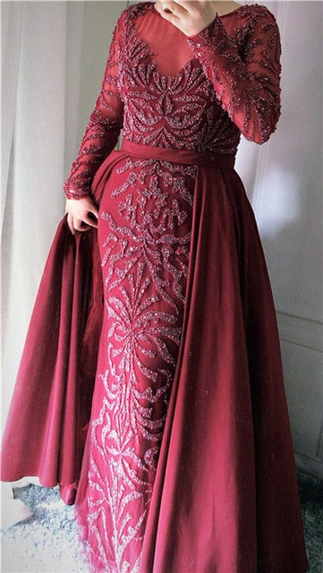 Luxury Pink  Mermaid  Evening Dresses Emeradald  Green Train Long Sleeves Beading Crystal Evening Gown - LiveTrendsX
