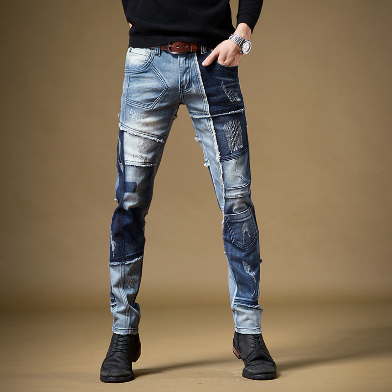 New men's male denim jeans Autumn winter American street trends personality stitching boys casual pants 98% cotton - LiveTrendsX