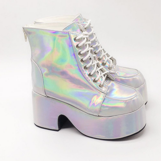 Colorful 10cm Laser Women's Ankle Boots High Heel Platform Winter Lace Up Chunky Heel Short Boots  Back Zip - LiveTrendsX