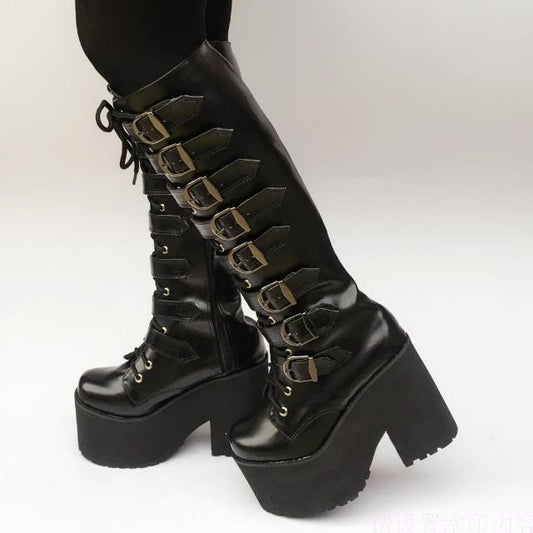 Japanese Harajuku High Platform Chunky Heel Cosplay Knee-High Boots Women Black Leather Belt Buckle Gothic Punk High Boots Zip - LiveTrendsX