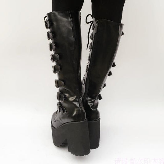 Japanese Harajuku High Platform Chunky Heel Cosplay Knee-High Boots Women Black Leather Belt Buckle Gothic Punk High Boots Zip - LiveTrendsX