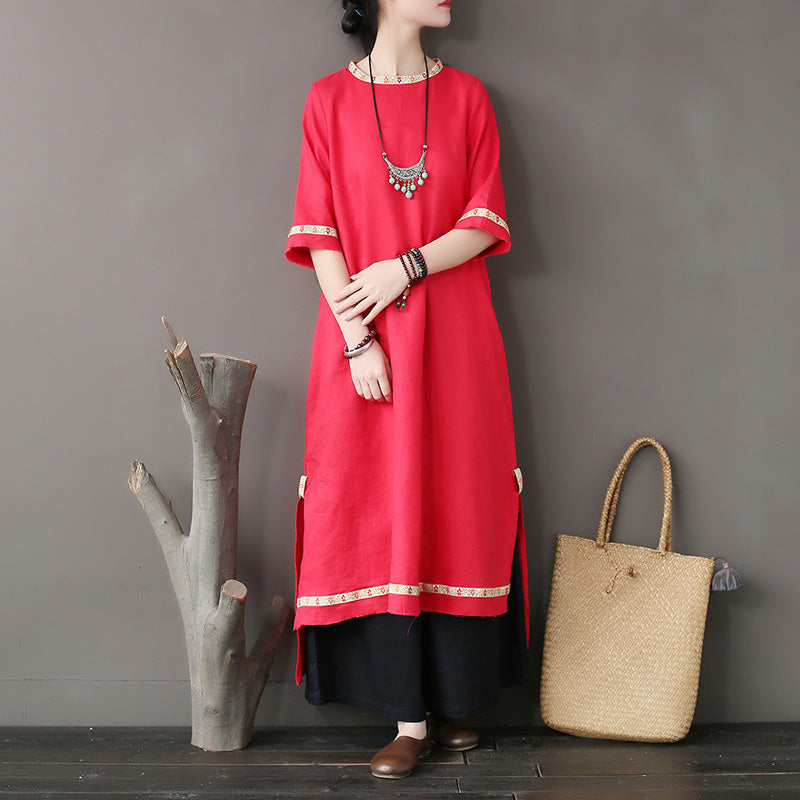 Original national style women's dress stitching embroidery tear edge linen dress loose sleeve high - grade - LiveTrendsX