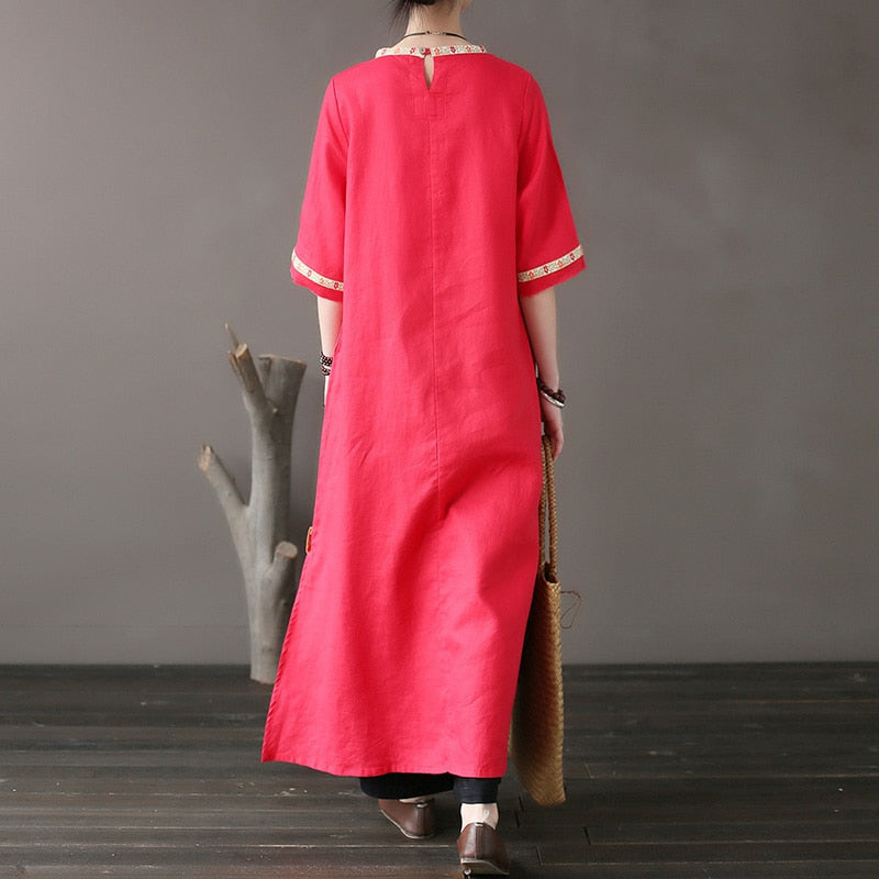 Original national style women's dress stitching embroidery tear edge linen dress loose sleeve high - grade - LiveTrendsX