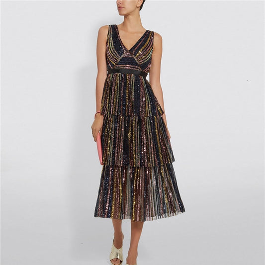 Patchwork Sequined Striped Party Dresses For Female V Neck Sleeveless High Waist Cascading Ruffle Women's Dress New - LiveTrendsX
