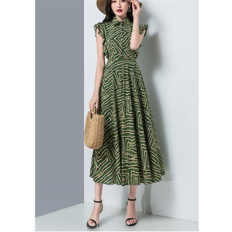 Korean summer new temperament lady stand-up collar waist slimming chiffon printed mid-length dress - LiveTrendsX