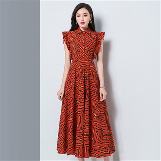 Korean summer new temperament lady stand-up collar waist slimming chiffon printed mid-length dress - LiveTrendsX