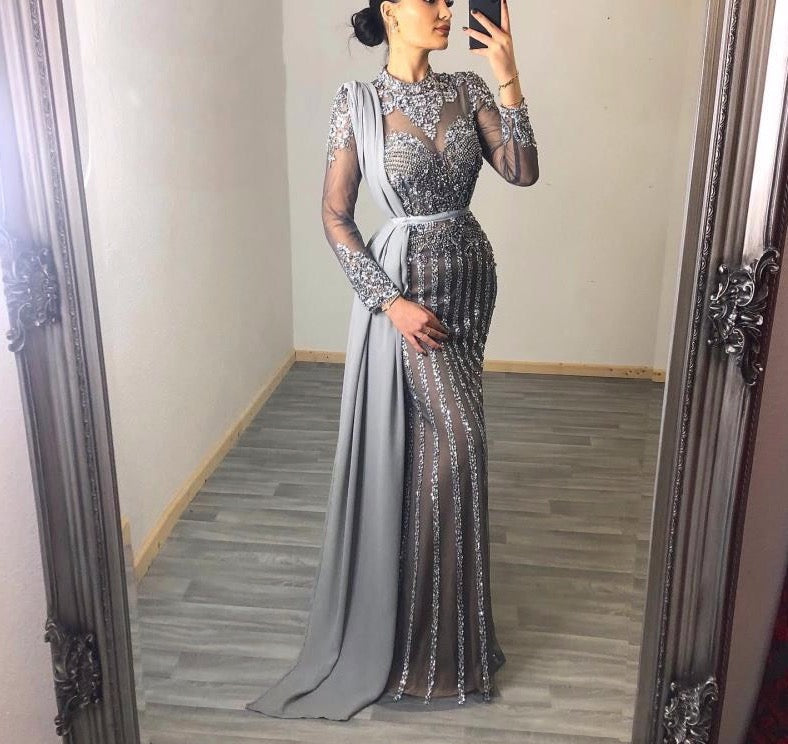 Muslim Grey Luxury Long Sleeves Evening Dresses 2020 Mermaid Diamond Sequined Sparkly Formal Dress - LiveTrendsX