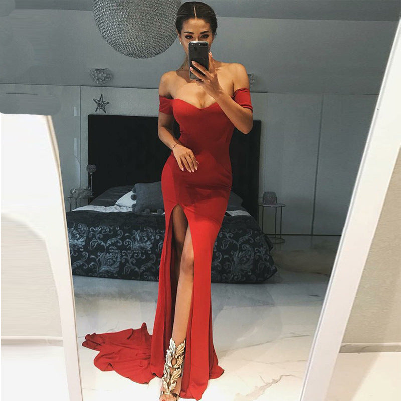Fashion Sexy One Shoulder Dresses Woman Party Night Solid Slim Maxi Long Runway Dress Short Sleeve Red Color Spring Vestido - LiveTrendsX