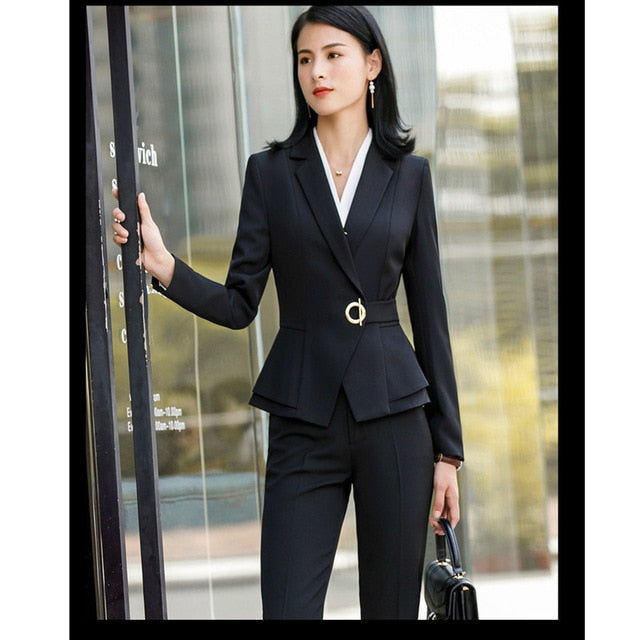 Elegant Women Suit Skirt Office Lady Formal Ruffle Waist Full Sleeve Blazer+Skirt Tights 2 Piece Set Jacket and Skirt Suit - LiveTrendsX