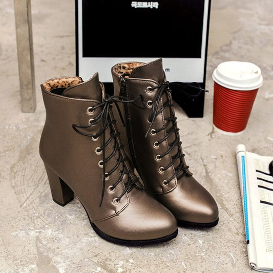 fashion genuine leather lacing boots New round toe zip mid calf boots women Ankle Boots - LiveTrendsX
