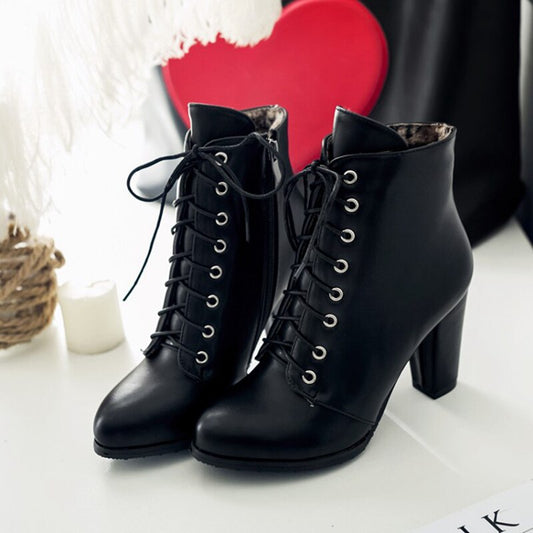 fashion genuine leather lacing boots New round toe zip mid calf boots women Ankle Boots - LiveTrendsX