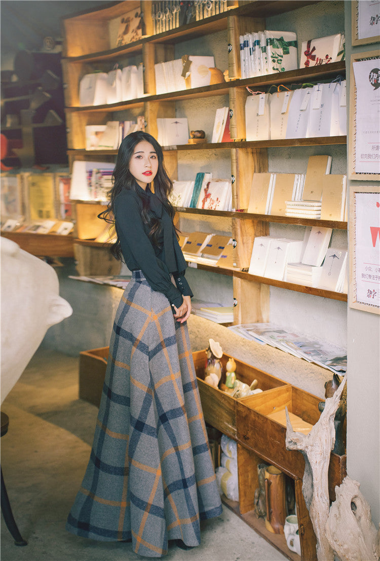 Autumn Winter Bow Neck Full Sleeve Blouse Shirt Top and Woolen Plaid Skirt Two-piece Outfits Set Suit Women Dresses - LiveTrendsX