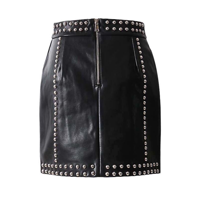 Heavy Rivets PU Leather Punk High Waist Single Breasted Mini Skirt