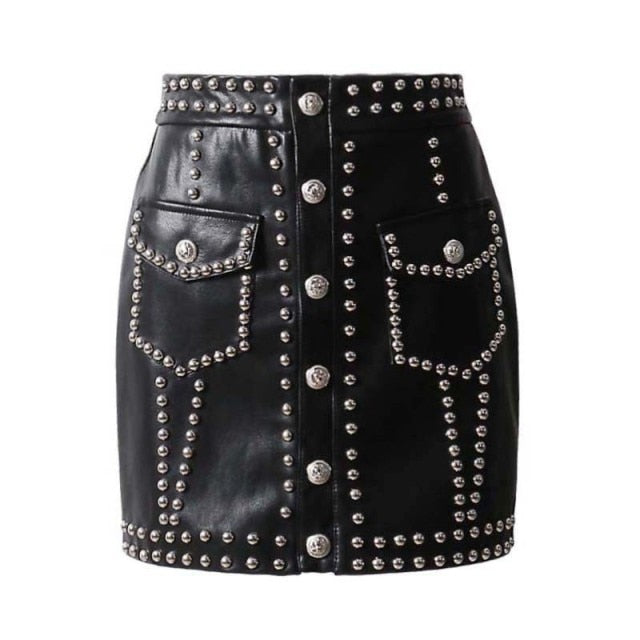 Heavy Rivets PU Leather Punk High Waist Single Breasted Mini Skirt