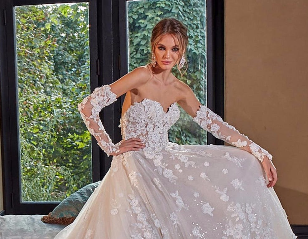 Crystal Appliques Flowers Shiny Princess Wedding Dress A-line With Detachable Sleeve - LiveTrendsX