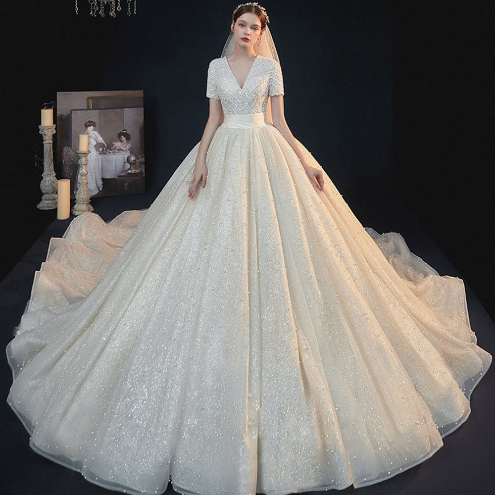 All Over Full Pearls Shiny Ball Gown Wedding Dress With Chapel Train Abiti Da Sposa V-neck Lace Up Short Sleeve Gorgeous Gowns - LiveTrendsX