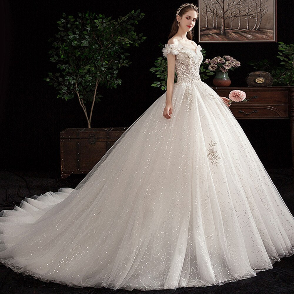 Flowers Beading Sequined Shiny Wedding Dresses  Vestido De Noiva Lace Up Short Sleeve Princess Bridal Gowns - LiveTrendsX