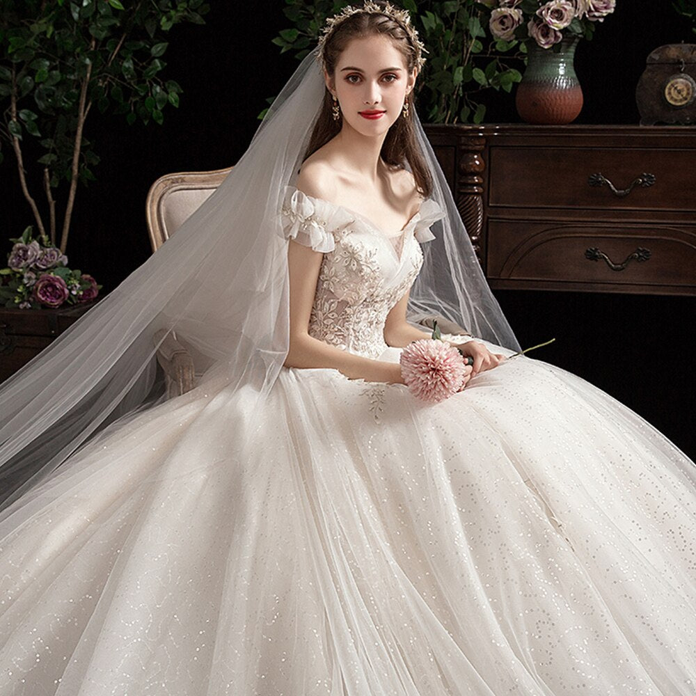 Flowers Beading Sequined Shiny Wedding Dresses  Vestido De Noiva Lace Up Short Sleeve Princess Bridal Gowns - LiveTrendsX