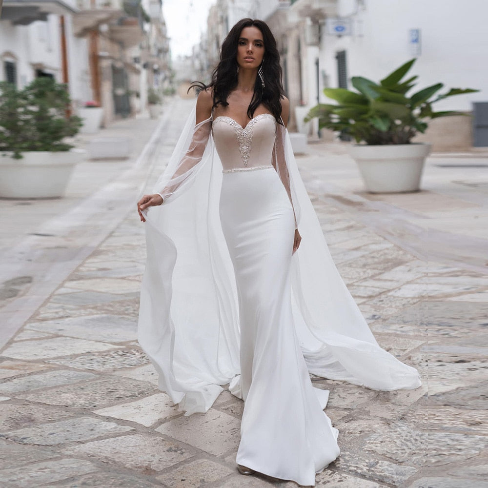 Vestido De Noiva Sereia Long Sleeve Satin Mermaid Wedding Dress With Removable Shawl Shiny Beading Crystal Wedding Gowns Elegant - LiveTrendsX