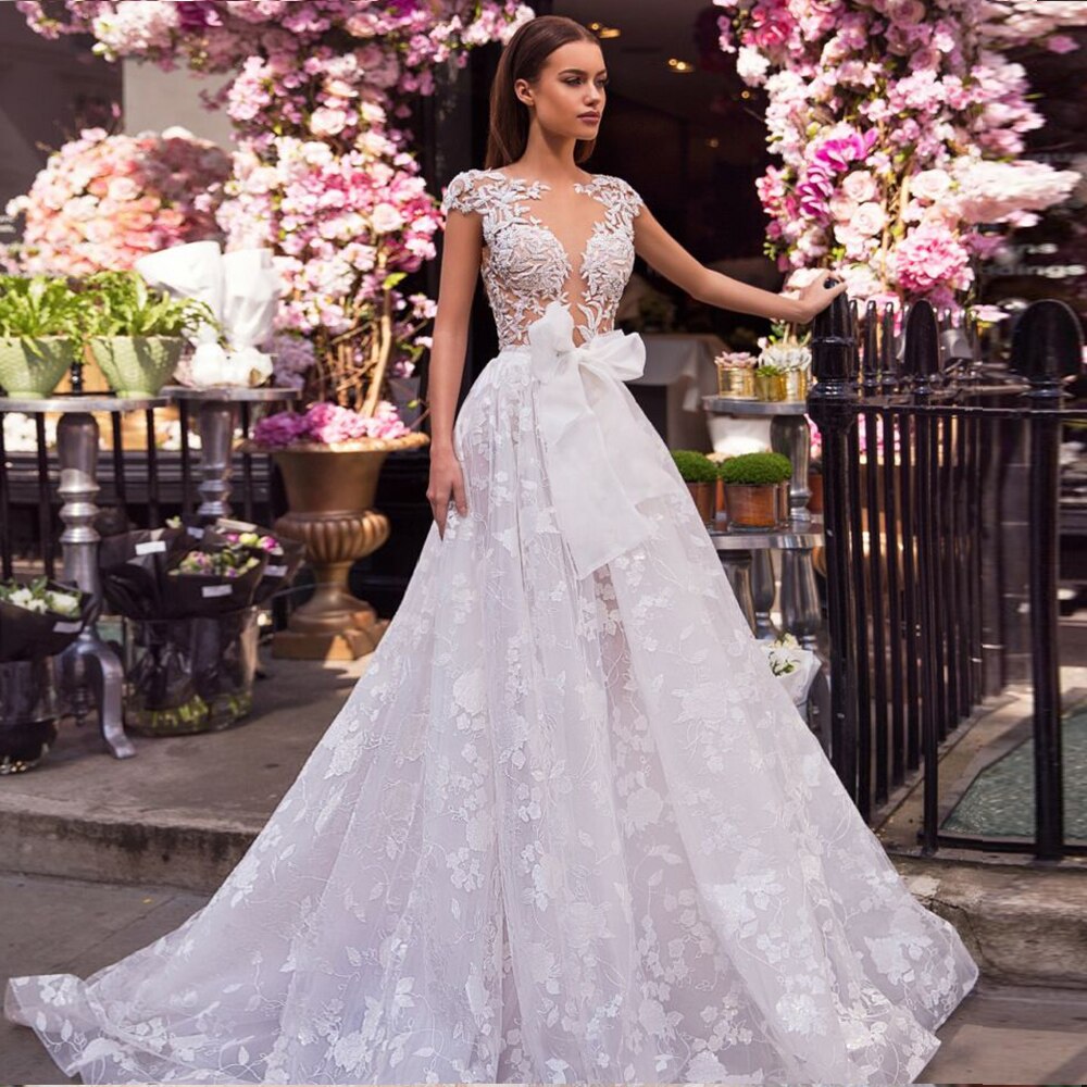 New Arrivals Bow Appliques Lace Beach Wedding Dress Elegant Vestidos De Novia Praia See Through Illusion Bridal Gowns - LiveTrendsX
