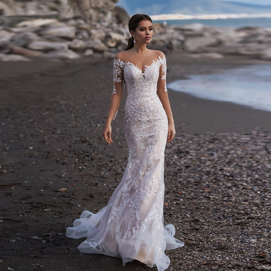 Long Sleeve Mermaid Wedding Dress Elegant 2020 Vestido De Novia Sirena See Through Buttons Up Back Appliques Lace Trumpet Gowns - LiveTrendsX