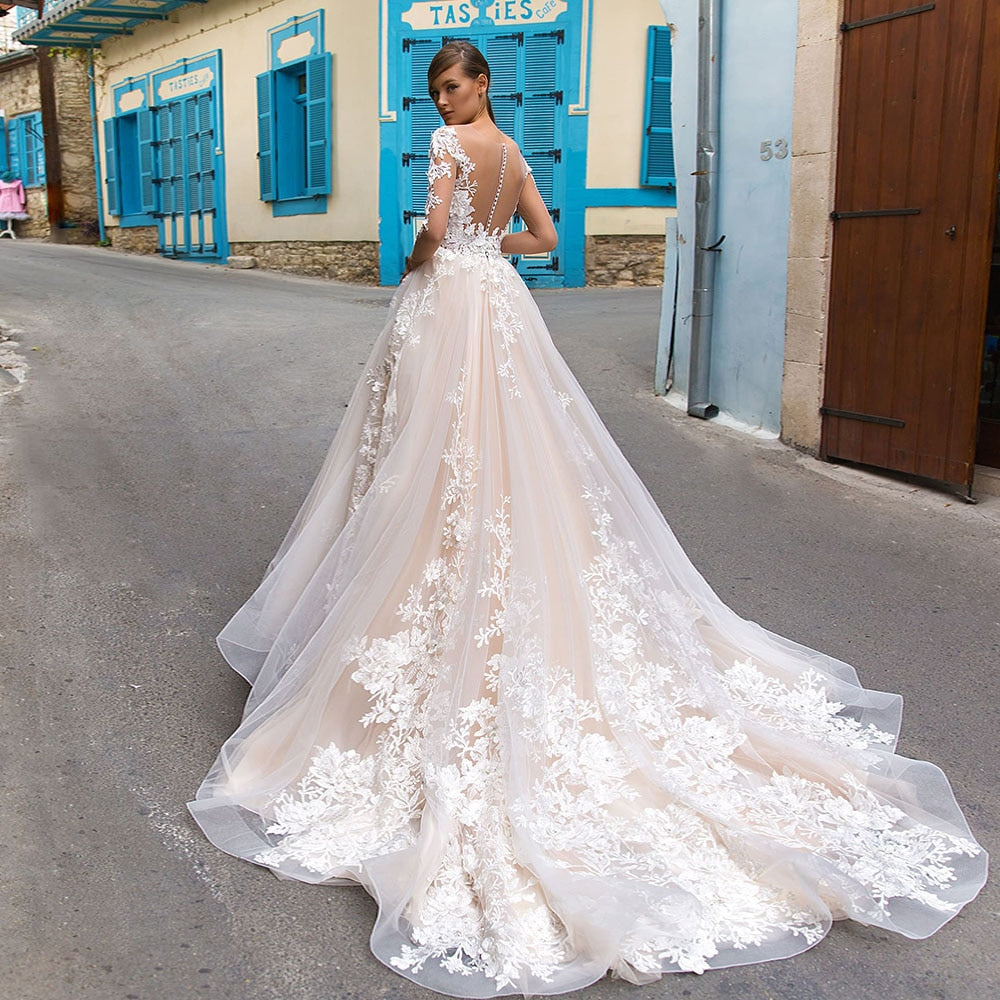 Crystal Appliques Flowers Luxury Wedding Dresses Long Sleeve Vestido De Casamento See Through Sexy Wedding Gowns Abiti Da Sposa - LiveTrendsX