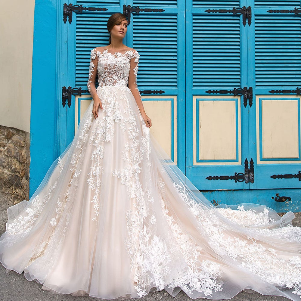 Crystal Appliques Flowers Luxury Wedding Dresses Long Sleeve Vestido De Casamento See Through Sexy Wedding Gowns Abiti Da Sposa - LiveTrendsX