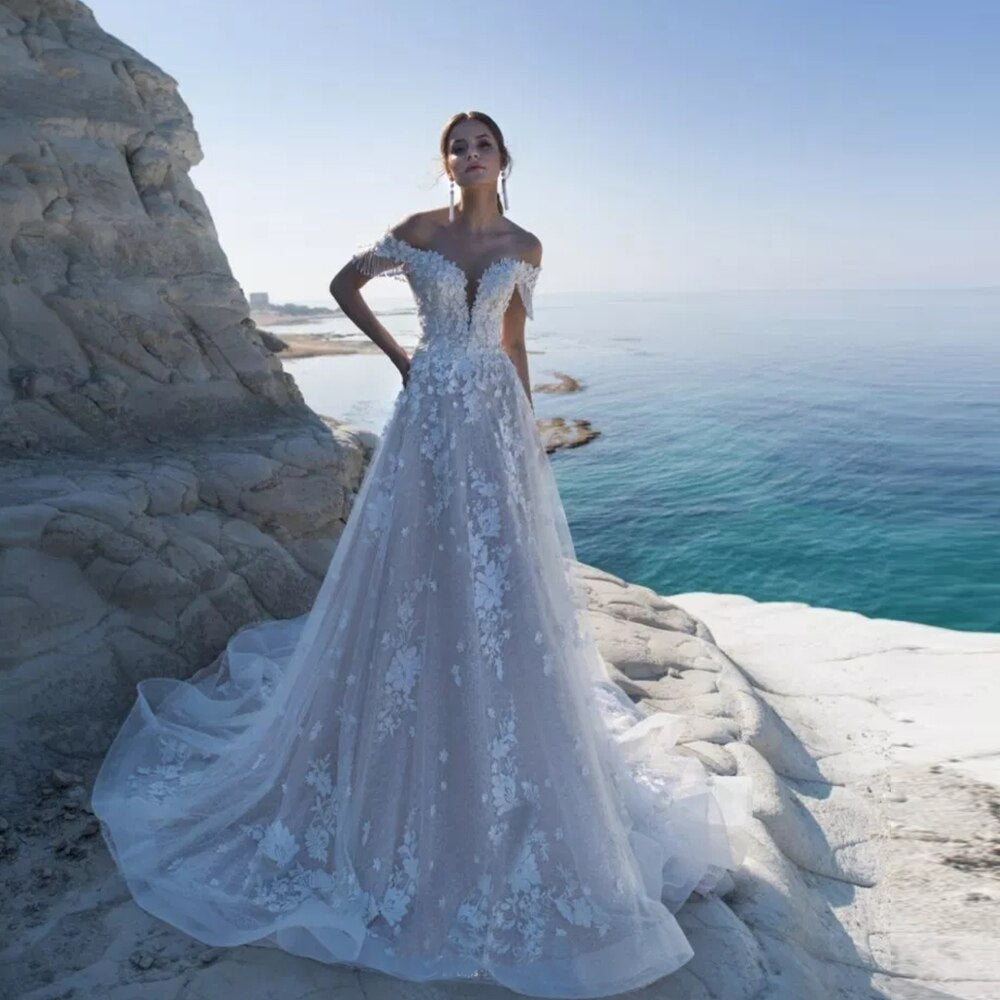 New Arrivals Beach Wedding Dresses Vestido De Noiva Praia Tassel Short Sleeve Beading Appliques Lace Flowers Elegant Gowns - LiveTrendsX
