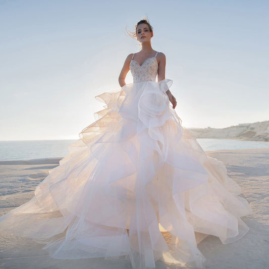 Princess Wedding Dresses A-line With Ruffles Skirt Bruidsjurken Shoulder Straps Sexy Backless Sparkly Pearls Crystal Gowns - LiveTrendsX