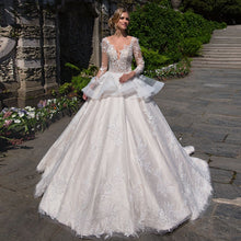 Load image into Gallery viewer, Princess Appliques Lace Ball Gown Wedding Dresses Long Sleeve Vestido De Noiva Princesa Buttons Up See Through Illusion Dress - LiveTrendsX
