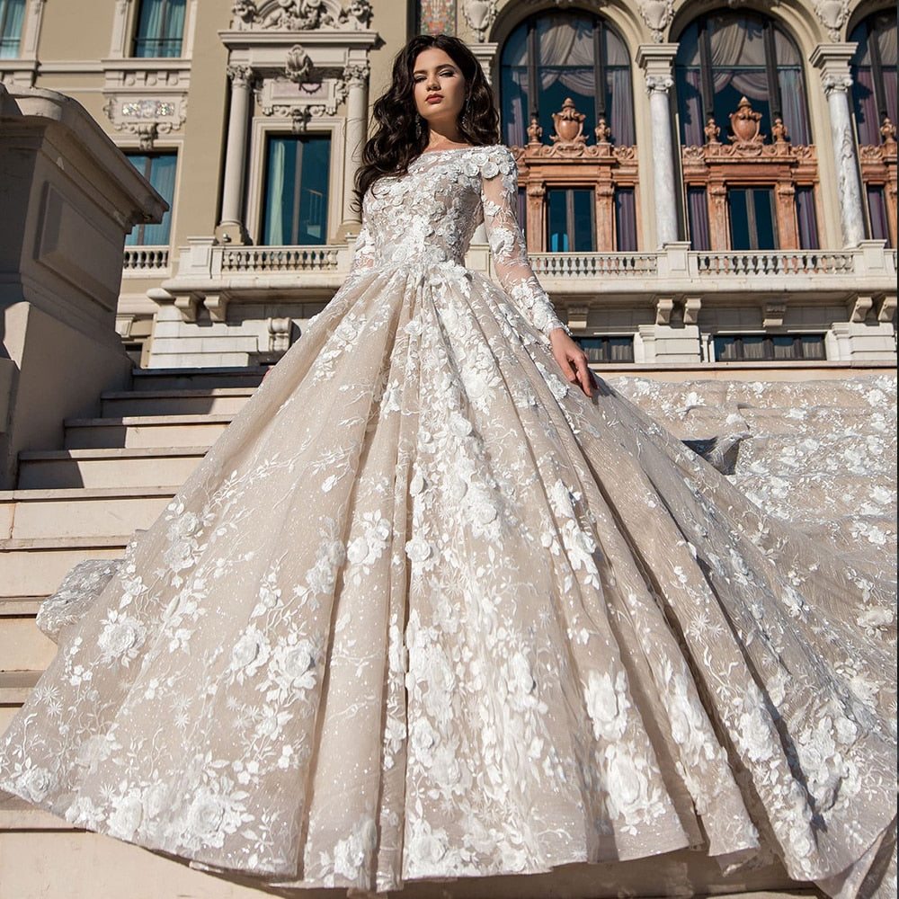 Supper Gorgeous Long Sleeve Crystal Appliques Lace Flowers Champagne Ball Gown Wedding Dress With Cathedral Royal Train - LiveTrendsX