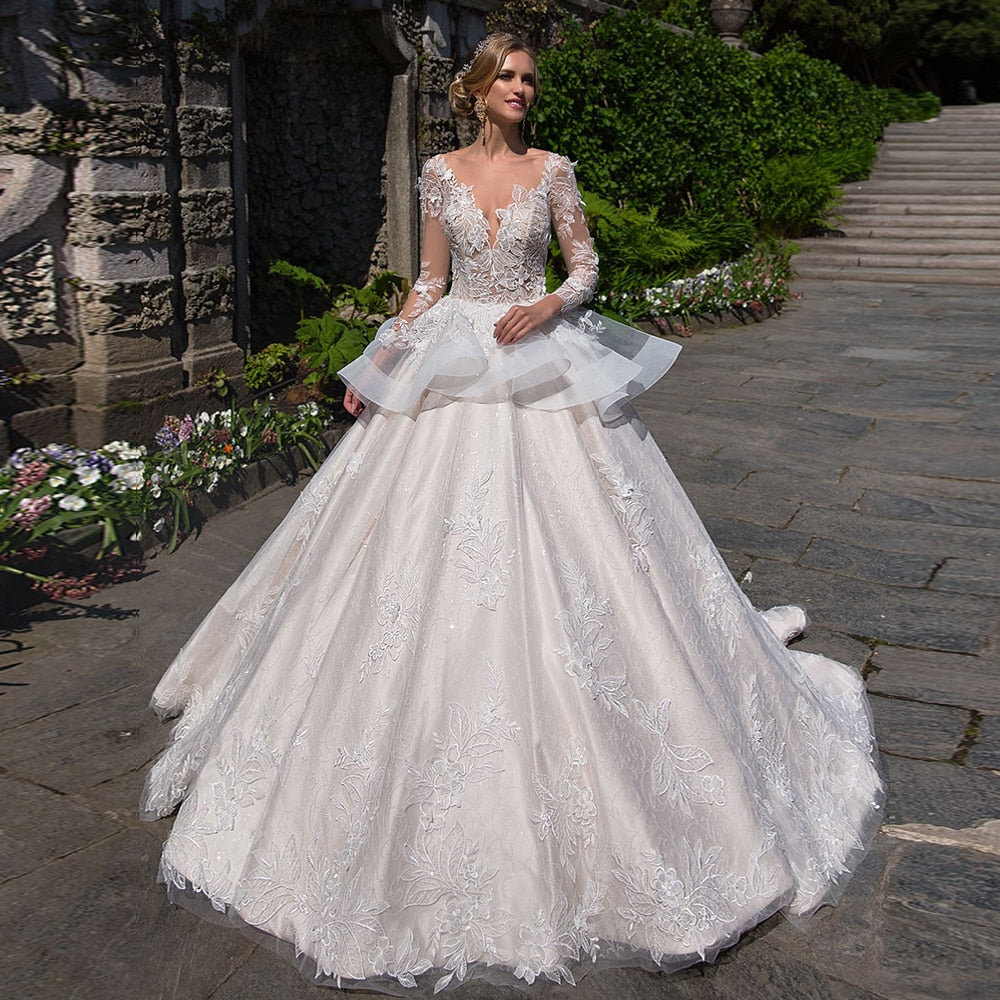 Princess Appliques Lace Ball Gown Wedding Dresses Long Sleeve Vestido De Noiva Princesa Buttons Up See Through Illusion Dress - LiveTrendsX