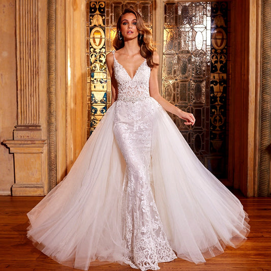 Beading Crystal Appliques Lace Sexy Mermaid Wedding Dress With Detachable Train Vestido De Noiva Sereia Backless Illusion Gowns - LiveTrendsX