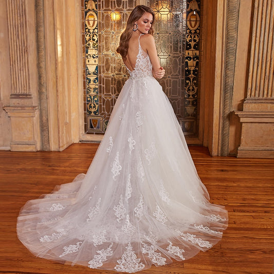 Beading Crystal Appliques Lace Sexy Mermaid Wedding Dress With Detachable Train Vestido De Noiva Sereia Backless Illusion Gowns - LiveTrendsX