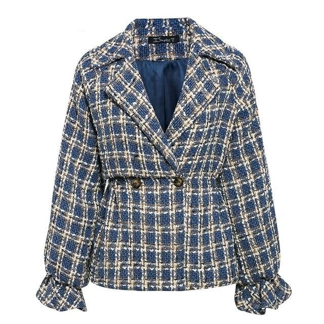 Elegant women plaid tweed jacket coat Lantern sleeve streetwear female outwear coat Elastic high waist ladies coat - LiveTrendsX