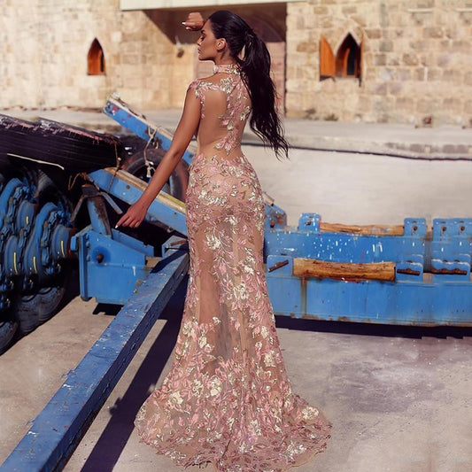 Arabic Evening Dresses 2020 New Champagne Lace Appliqued Sleeveless Long Mermaid Evening Gowns Plus Size Special Occasion Gowns - LiveTrendsX