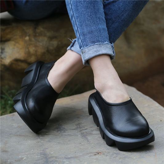 Women Leather Loafers Pump Low Heel Chunky Shoes Spring Black Casual Genuine Leather Lazy Shoe For Women Pumps Slip On Handmade - LiveTrendsX