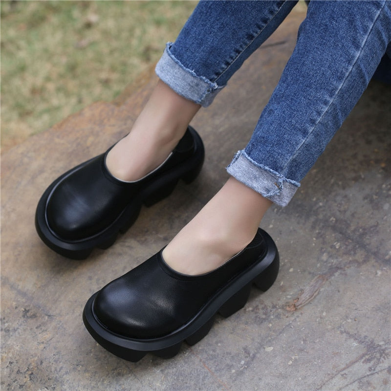 Women Leather Loafers Pump Low Heel Chunky Shoes Spring Black Casual Genuine Leather Lazy Shoe For Women Pumps Slip On Handmade - LiveTrendsX