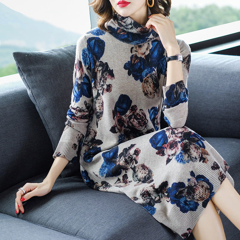 new Korean version of mid-length printed pure wool cashmere sweater dress casual loose knit sweater dresses - LiveTrendsX