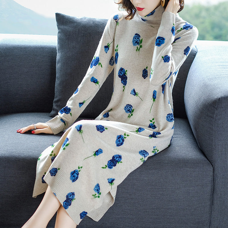 new Korean version of mid-length printed pure wool cashmere sweater dress casual loose knit sweater dresses - LiveTrendsX
