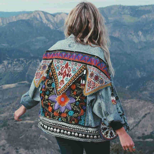 Boho Denim Jacket For Women Autumn Floral Appliques Embroidery Vintage Coat Long Sleeve Outerwear Female Jacket Coatee - LiveTrendsX