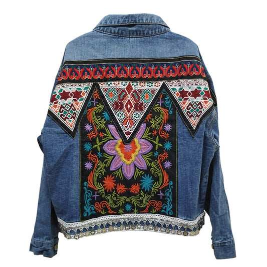 Boho Denim Jacket For Women Autumn Floral Appliques Embroidery Vintage Coat Long Sleeve Outerwear Female Jacket Coatee - LiveTrendsX