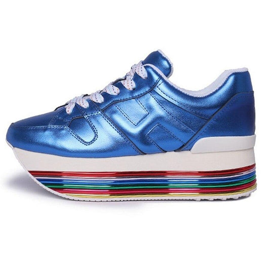 Paillette Sneakers Rainbow Height Increasing Shoes Woman Casual Laces up Platform Sneakers Girls Genuine Leather Ladies Shoes - LiveTrendsX