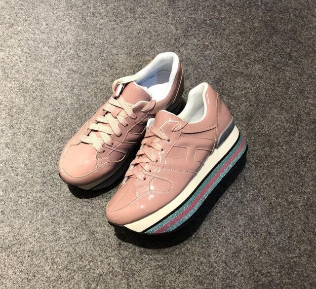 Paillette Sneakers Rainbow Height Increasing Shoes Woman Casual Laces up Platform Sneakers Girls Genuine Leather Ladies Shoes - LiveTrendsX