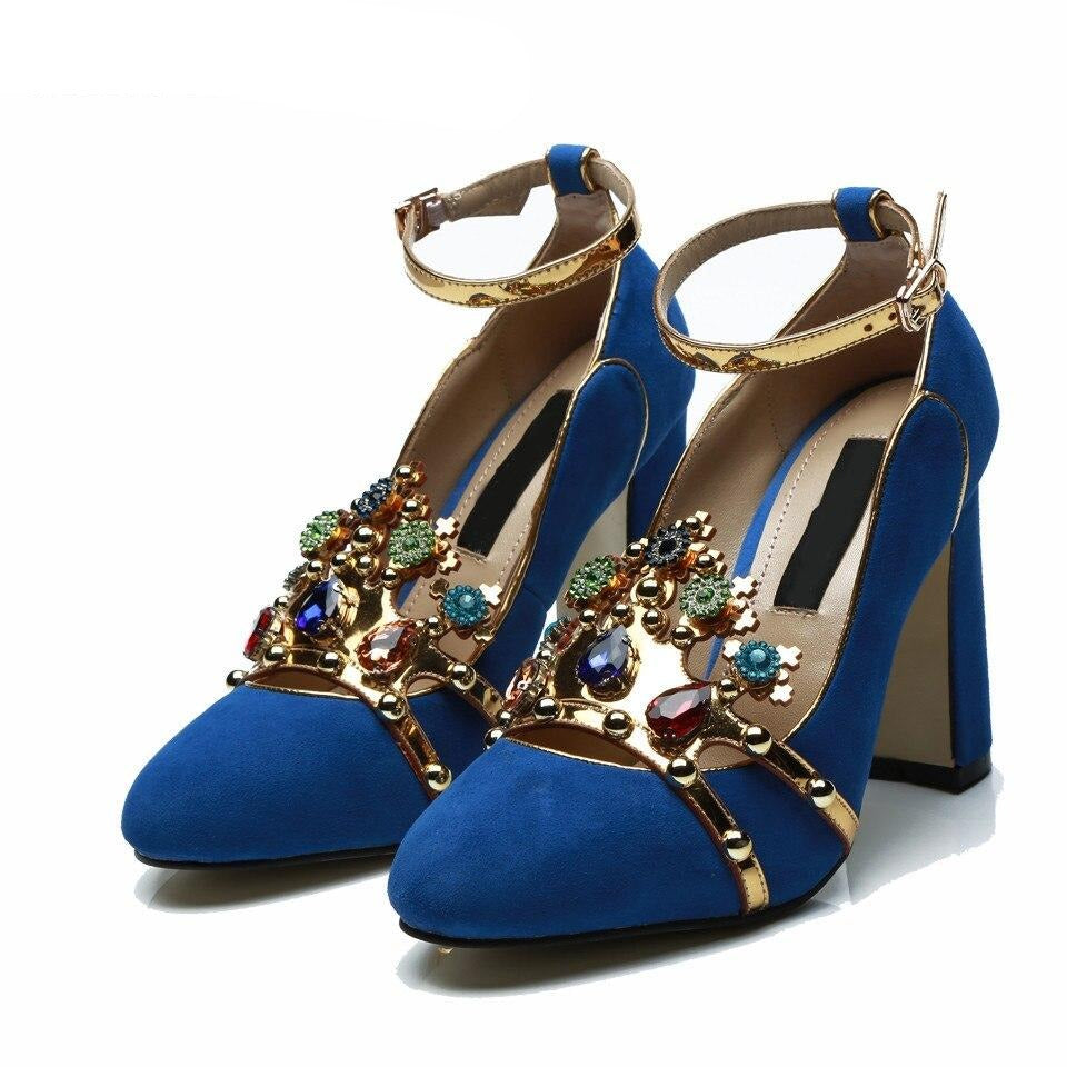 Silla Rulers Handmade high-end customization genuine leather blue kid suede shallow gemstone  high heel shoes woman party shoes - LiveTrendsX