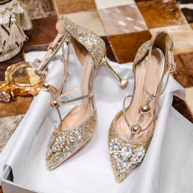 rhinestone ladies thin silver glitter pumps size 4 34 stiletto shoes bridal female crystal high heels gold pointed toe diamond - LiveTrendsX