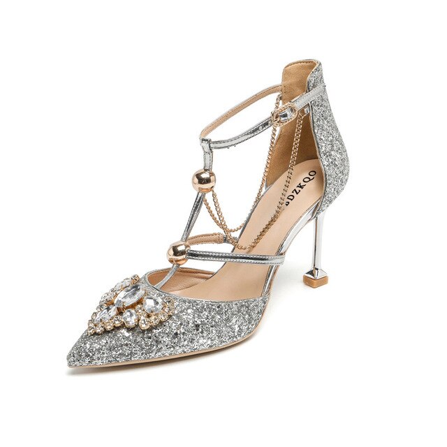 rhinestone ladies thin silver glitter pumps size 4 34 stiletto shoes bridal female crystal high heels gold pointed toe diamond - LiveTrendsX