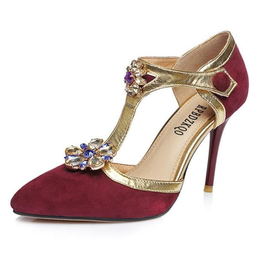 women rhinestone scarpin jewel suede flower female crystal high heels shoes luxury pointed toe pumps wine red t strap diamond - LiveTrendsX